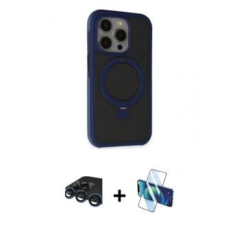 MARSİLYAN™- iPhone 15 Pro Kılıf Ahenk Yansıma Özel Seri - Siyah 3D Antistatik Cam Ekran Koruyucu + Raze Metal Kamera Lens - LT