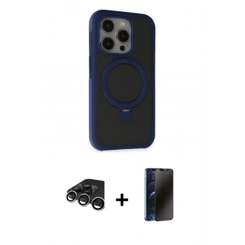 MARSİLYAN™- iPhone 15 Pro Kılıf Ahenk Yansıma Özel Seri - Siyah 3D Antistatik Hayalet Cam Ekran Koruyucu + Raze Metal Kamera Lens - GS