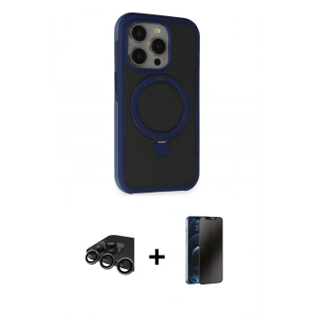 MARSİLYAN™- iPhone 15 Pro Kılıf Ahenk Yansıma Özel Seri - Siyah 3D Antistatik Hayalet Cam Ekran Koruyucu + Raze Metal Kamera Lens - TMGI