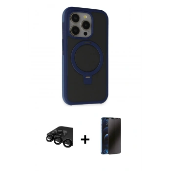 MARSİLYAN™- iPhone 15 Pro Kılıf Ahenk Yansıma Özel Seri - Siyah 3D Antistatik Hayalet Cam Ekran Koruyucu + Raze Metal Kamera Lens - SH