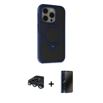MARSİLYAN™- iPhone 15 Pro Kılıf Ahenk Yansıma Özel Seri - Siyah 3D Antistatik Hayalet Cam Ekran Koruyucu + Raze Metal Kamera Lens - LT
