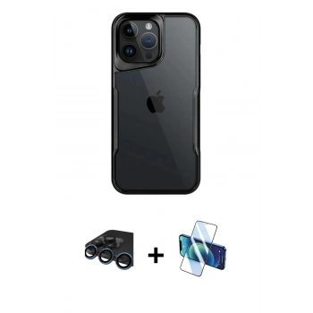MARSİLYAN™- iPhone 15 Pro Kılıf Akış Çizgi Koleksiyonu - Siyah 3D Antistatik Cam Ekran Koruyucu + Raze Metal Kamera Lens - LT