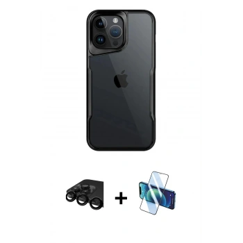 MARSİLYAN™- iPhone 15 Pro Kılıf Akış Çizgi Koleksiyonu - Siyah 3D Antistatik Cam Ekran Koruyucu + Raze Metal Kamera Lens - SH