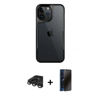 MARSİLYAN™- iPhone 15 Pro Kılıf Akış Çizgi Koleksiyonu - Siyah 3D Antistatik Hayalet Cam Ekran Koruyucu + Raze Metal Kamera Lens - TMGI