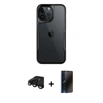 MARSİLYAN™- iPhone 15 Pro Kılıf Akış Çizgi Koleksiyonu - Siyah 3D Antistatik Hayalet Cam Ekran Koruyucu + Raze Metal Kamera Lens - SH