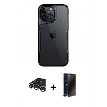 MARSİLYAN™- iPhone 15 Pro Kılıf Akış Çizgi Koleksiyonu - Siyah 3D Antistatik Hayalet Cam Ekran Koruyucu + Raze Metal Kamera Lens - GS