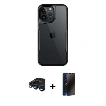 MARSİLYAN™- iPhone 15 Pro Kılıf Akış Çizgi Koleksiyonu - Siyah 3D Antistatik Hayalet Cam Ekran Koruyucu + Raze Metal Kamera Lens - LT