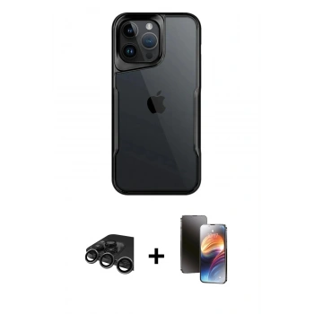 MARSİLYAN™- iPhone 15 Pro Kılıf Akış Çizgi Koleksiyonu - Siyah 3D Antistatik Mat Seramik Nano Ekran Koruyucu + Raze Metal Kamera Lens - TMGI