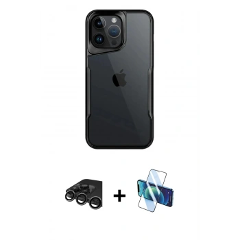 MARSİLYAN™- iPhone 15 Pro Kılıf Akış Çizgi Koleksiyonu - Siyah 3D Antistatik Seramik Nano Ekran Koruyucu + Raze Metal Kamera Lens - TMGI