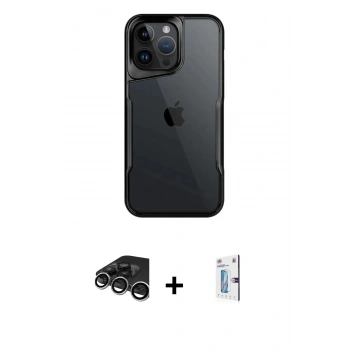 MARSİLYAN™- iPhone 15 Pro Kılıf Akış Çizgi Koleksiyonu - Siyah Bilvis 0.18mm Plus Cam Ekran Koruyucu + Raze Metal Kamera Lens - GS