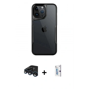 MARSİLYAN™- iPhone 15 Pro Kılıf Akış Çizgi Koleksiyonu - Siyah Bilvis 0.18mm Plus Cam Ekran Koruyucu + Raze Metal Kamera Lens - LT