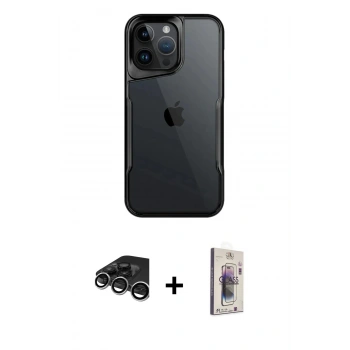 MARSİLYAN™- iPhone 15 Pro Kılıf Akış Çizgi Koleksiyonu - Siyah Bilvis 3D Cam Ekran Koruyucu + Raze Metal Kamera Lens - GS