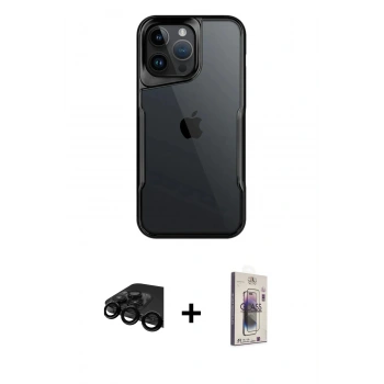 MARSİLYAN™- iPhone 15 Pro Kılıf Akış Çizgi Koleksiyonu - Siyah Bilvis 3D Cam Ekran Koruyucu + Raze Metal Kamera Lens - SH