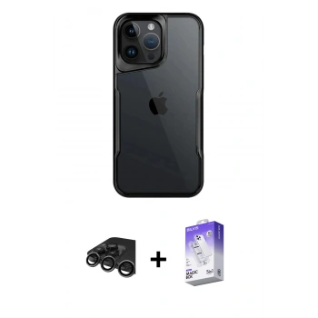 MARSİLYAN™- iPhone 15 Pro Kılıf Akış Çizgi Koleksiyonu - Siyah Bilvis 5in1 3D Magic Cam Ekran Koruyucu + Raze Metal Kamera Lens - TMGI