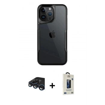 MARSİLYAN™- iPhone 15 Pro Kılıf Akış Çizgi Koleksiyonu - Siyah Bilvis Hayalet Cam Ekran Koruyucu + Raze Metal Kamera Lens - LT