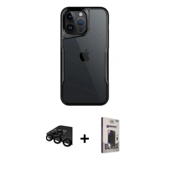 MARSİLYAN™- iPhone 15 Pro Kılıf Akış Çizgi Koleksiyonu - Siyah Bilvis Hayalet Cam Ekran Koruyucu + Raze Metal Kamera Lens - SH