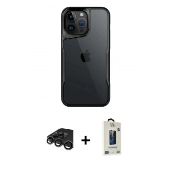 MARSİLYAN™- iPhone 15 Pro Kılıf Akış Çizgi Koleksiyonu - Siyah Bilvis Hayalet Cam Ekran Koruyucu + Raze Metal Kamera Lens - TMGI