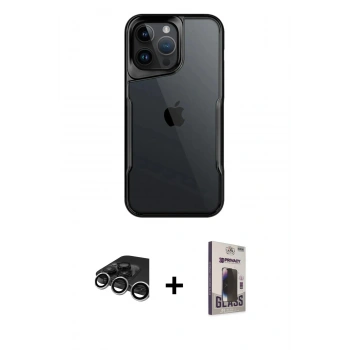 MARSİLYAN™- iPhone 15 Pro Kılıf Akış Çizgi Koleksiyonu - Siyah Bilvis Hayalet Cam Ekran Koruyucu + Raze Metal Kamera Lens - GS