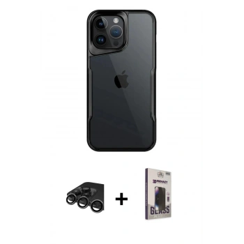 MARSİLYAN™- iPhone 15 Pro Kılıf Akış Çizgi Koleksiyonu - Siyah Bilvis Hayalet Cam Ekran Koruyucu + Raze Metal Kamera Lens - TMGI