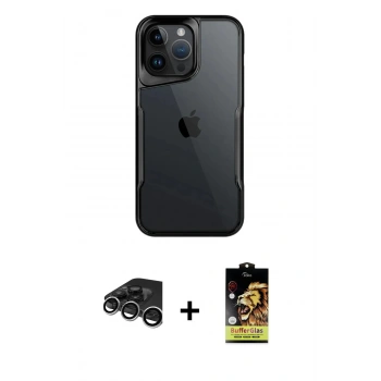 MARSİLYAN™- iPhone 15 Pro Kılıf Akış Çizgi Koleksiyonu - Siyah Buffer Cam Ekran Koruyucu + Raze Metal Kamera Lens - GS