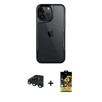 MARSİLYAN™- iPhone 15 Pro Kılıf Akış Çizgi Koleksiyonu - Siyah Buffer Cam Ekran Koruyucu + Raze Metal Kamera Lens - LT