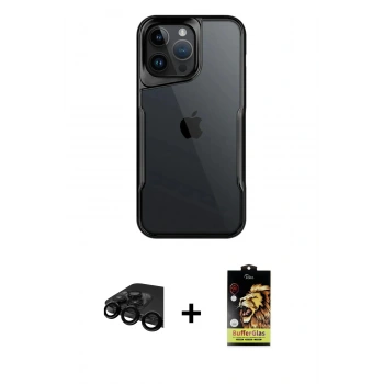 MARSİLYAN™- iPhone 15 Pro Kılıf Akış Çizgi Koleksiyonu - Siyah Buffer Cam Ekran Koruyucu + Raze Metal Kamera Lens - SH