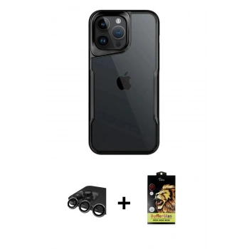 MARSİLYAN™- iPhone 15 Pro Kılıf Akış Çizgi Koleksiyonu - Siyah Buffer Cam Ekran Koruyucu + Raze Metal Kamera Lens - TMGI