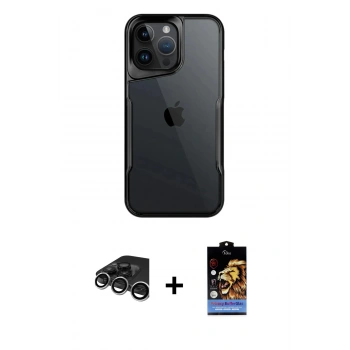 MARSİLYAN™- iPhone 15 Pro Kılıf Akış Çizgi Koleksiyonu - Siyah Buffer Hayalet Cam Ekran Koruyucu + Raze Metal Kamera Lens - GS