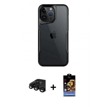 MARSİLYAN™- iPhone 15 Pro Kılıf Akış Çizgi Koleksiyonu - Siyah Buffer Hayalet Cam Ekran Koruyucu + Raze Metal Kamera Lens - SH