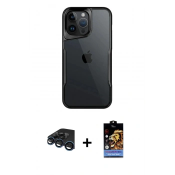 MARSİLYAN™- iPhone 15 Pro Kılıf Akış Çizgi Koleksiyonu - Siyah Buffer Hayalet Cam Ekran Koruyucu + Raze Metal Kamera Lens - LT