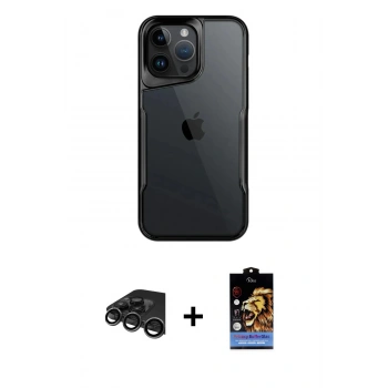 MARSİLYAN™- iPhone 15 Pro Kılıf Akış Çizgi Koleksiyonu - Siyah Buffer Hayalet Cam Ekran Koruyucu + Raze Metal Kamera Lens - TMGI