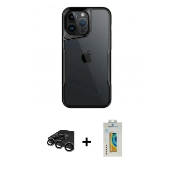 MARSİLYAN™- iPhone 15 Pro Kılıf Akış Çizgi Koleksiyonu - Siyah Polymer Nano Ekran Koruyucu + Raze Metal Kamera Lens - TMGI