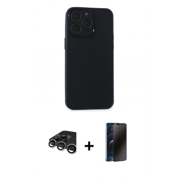 MARSİLYAN™- iPhone 15 Pro Kılıf Atlas Minimal Prime - Siyah 3D Antistatik Hayalet Cam Ekran Koruyucu + Raze Metal Kamera Lens - GS