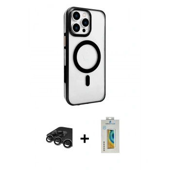 MARSİLYAN™- iPhone 15 Pro Kılıf Doruk Doku Özel Seri - Siyah Polymer Nano Ekran Koruyucu + Raze Metal Kamera Lens - TMGI