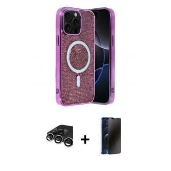 MARSİLYAN™- iPhone 15 Pro Kılıf Eksen Çizgi - Siyah 3D Antistatik Hayalet Cam Ekran Koruyucu + Raze Metal Kamera Lens - GS