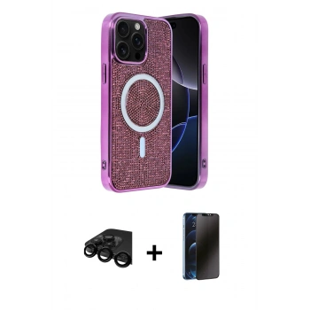 MARSİLYAN™- iPhone 15 Pro Kılıf Eksen Çizgi - Siyah 3D Antistatik Hayalet Cam Ekran Koruyucu + Raze Metal Kamera Lens - SH