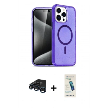 MARSİLYAN™- iPhone 15 Pro Kılıf Eksen Doku Koleksiyonu - Şeffaf Pasifik Cam Ekran Koruyucu + Raze Metal Kamera Lens - LT