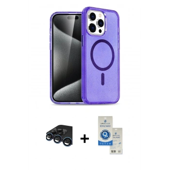 MARSİLYAN™- iPhone 15 Pro Kılıf Eksen Doku Koleksiyonu - Şeffaf Royal Nano Ekran Koruyucu + Raze Metal Kamera Lens - LT