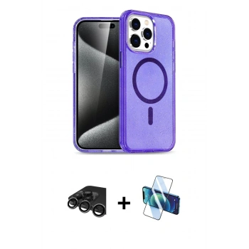 MARSİLYAN™- iPhone 15 Pro Kılıf Eksen Doku Koleksiyonu - Siyah 3D Antistatik Cam Ekran Koruyucu + Raze Metal Kamera Lens - TMGI