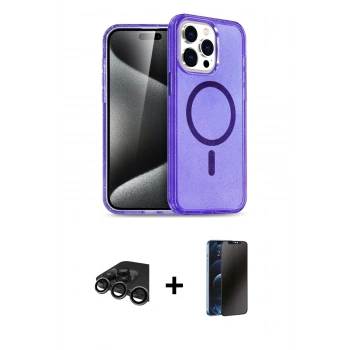 MARSİLYAN™- iPhone 15 Pro Kılıf Eksen Doku Koleksiyonu - Siyah 3D Antistatik Hayalet Cam Ekran Koruyucu + Raze Metal Kamera Lens - TMGI