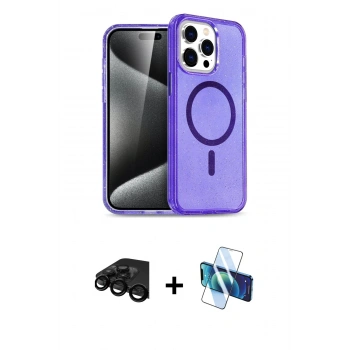 MARSİLYAN™- iPhone 15 Pro Kılıf Eksen Doku Koleksiyonu - Siyah 3D Antistatik Seramik Nano Ekran Koruyucu + Raze Metal Kamera Lens - SH