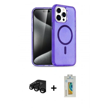 MARSİLYAN™- iPhone 15 Pro Kılıf Eksen Doku Koleksiyonu - Siyah Polymer Nano Ekran Koruyucu + Raze Metal Kamera Lens - SH