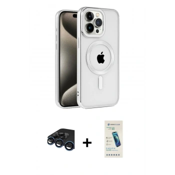 MARSİLYAN™- iPhone 15 Pro Kılıf Eksen Form Koleksiyonu - Şeffaf Pasifik Cam Ekran Koruyucu + Raze Metal Kamera Lens - LT