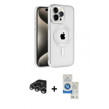 MARSİLYAN™- iPhone 15 Pro Kılıf Eksen Form Koleksiyonu - Şeffaf Royal Nano Ekran Koruyucu + Raze Metal Kamera Lens - GS