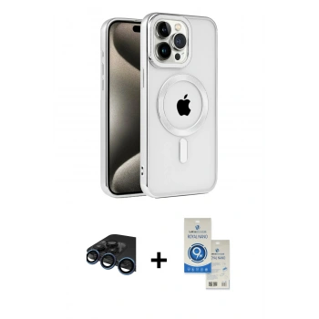 MARSİLYAN™- iPhone 15 Pro Kılıf Eksen Form Koleksiyonu - Şeffaf Royal Nano Ekran Koruyucu + Raze Metal Kamera Lens - LT