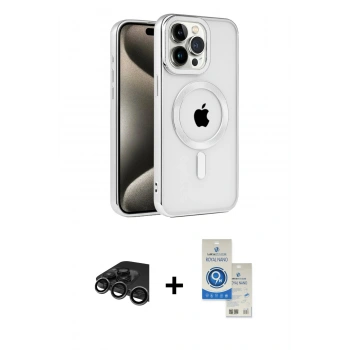MARSİLYAN™- iPhone 15 Pro Kılıf Eksen Form Koleksiyonu - Şeffaf Royal Nano Ekran Koruyucu + Raze Metal Kamera Lens - TMGI