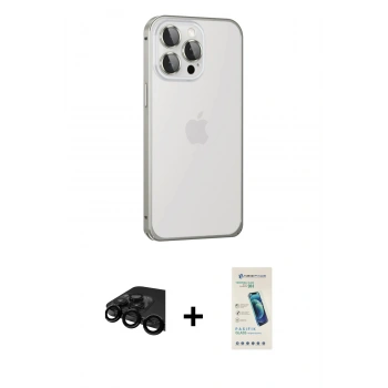 MARSİLYAN™- iPhone 15 Pro Kılıf Eksen Form Serisi - Şeffaf Pasifik Cam Ekran Koruyucu + Raze Metal Kamera Lens - SH