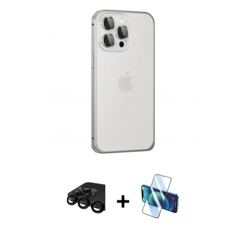 MARSİLYAN™- iPhone 15 Pro Kılıf Eksen Form Serisi - Siyah 3D Antistatik Cam Ekran Koruyucu + Raze Metal Kamera Lens - SH