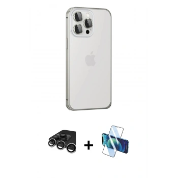 MARSİLYAN™- iPhone 15 Pro Kılıf Eksen Form Serisi - Siyah 3D Antistatik Seramik Nano Ekran Koruyucu + Raze Metal Kamera Lens - GS