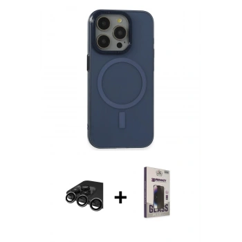 MARSİLYAN™- iPhone 15 Pro Kılıf Eksen Işık Prime - Siyah Bilvis Hayalet Cam Ekran Koruyucu + Raze Metal Kamera Lens - TMGI